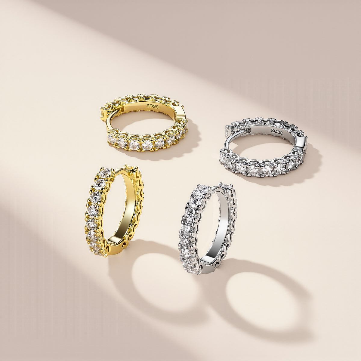 Solana Moissanite Hoop Earrings worn, gold plated finish