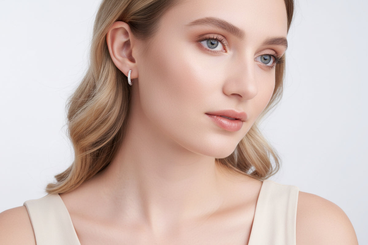 Solana Moissanite Hoop Earrings, close-up of D color round brilliant stone