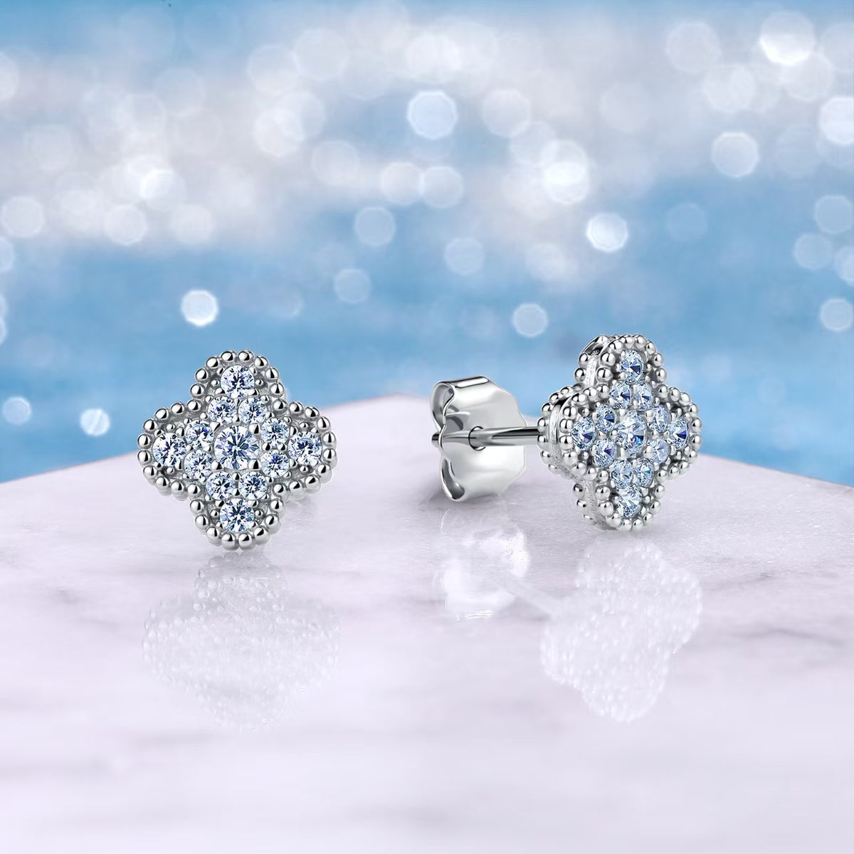 Clover Moissanite Stud Earrings close-up pavé detail