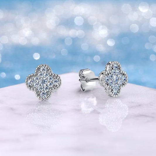 Clover Moissanite Stud Earrings close-up pavé detail