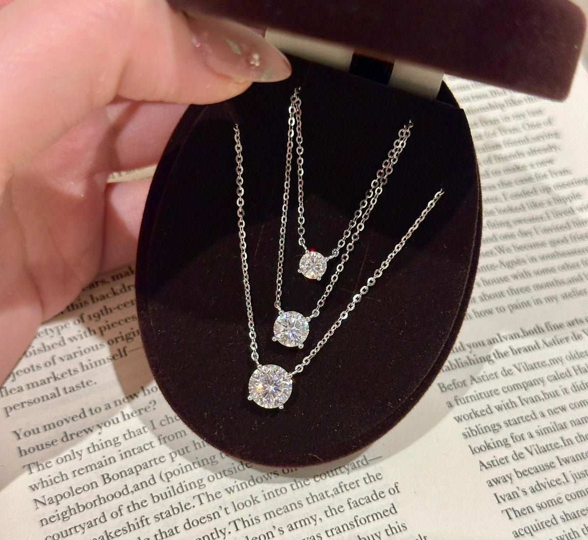 Solène Solitaire Necklace worn at collarbone